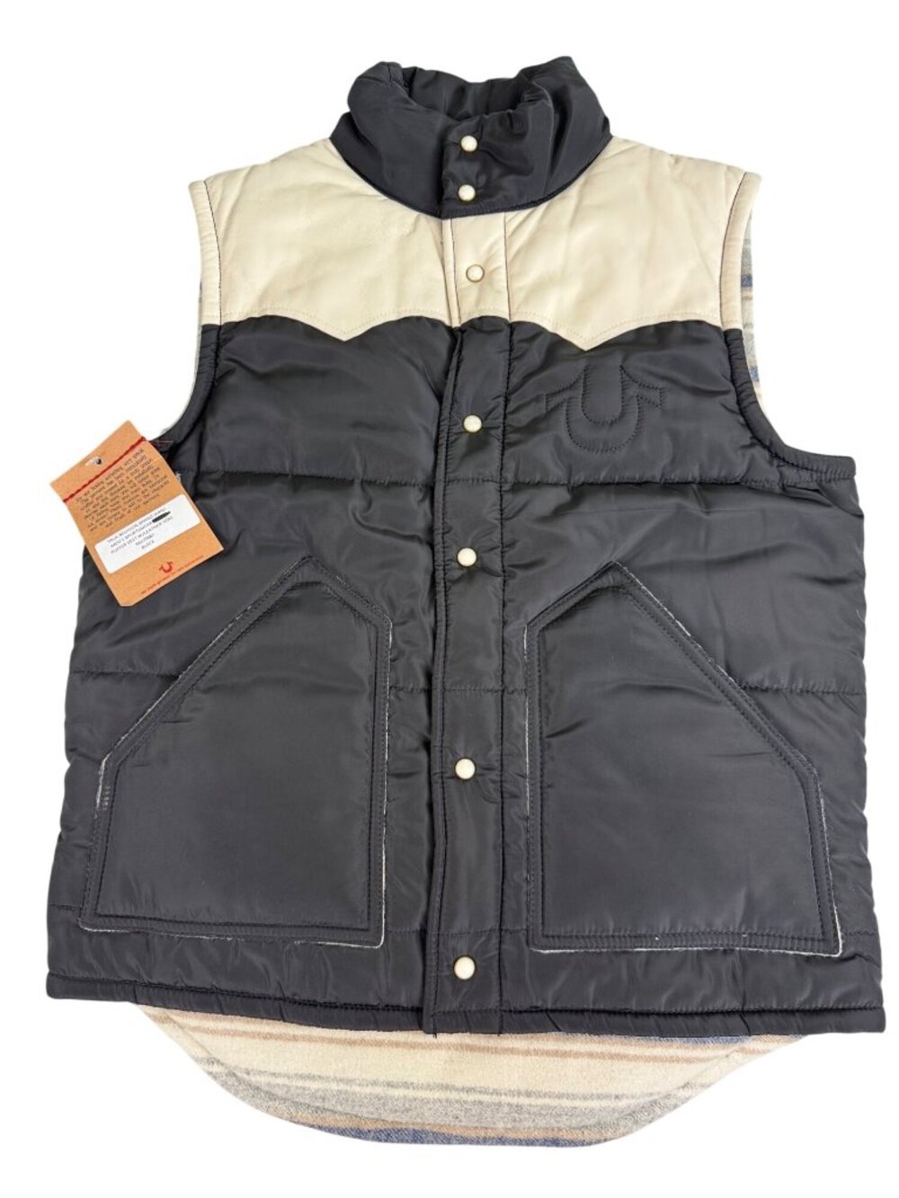 True Religion Mens Med Black/Cream Snap Puffer Vest Leather Yoke Western Retro
